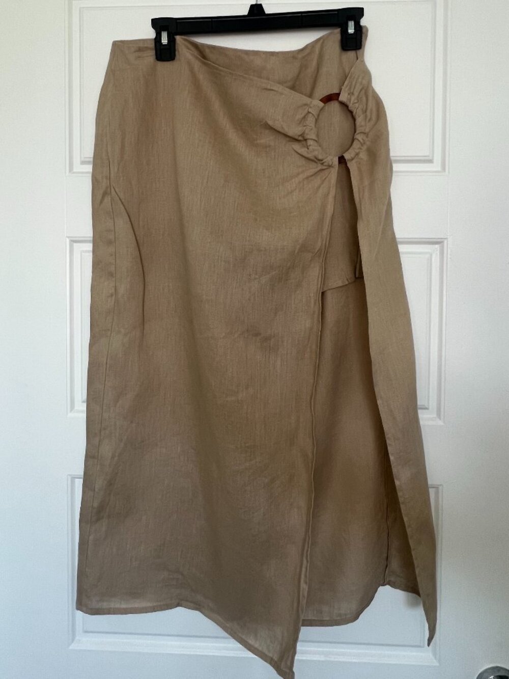 100% Linen Zara Wrap Midi Skirt Womens Size Large Tan Beige Vacation Summer - Picture 2 of 15